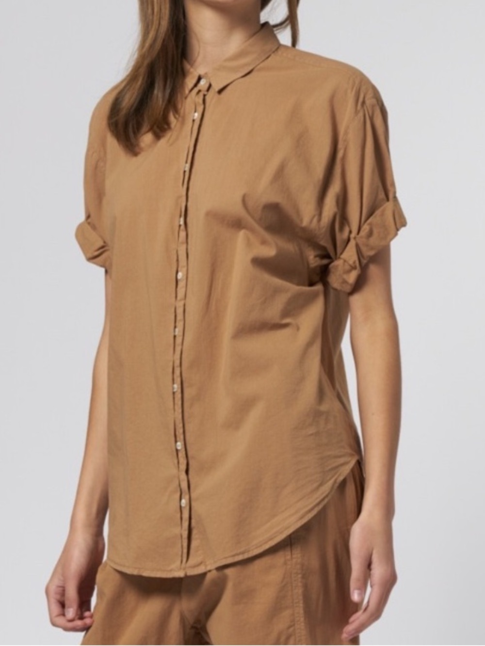 Xirena Channing Cotton Button Front Shirt XS Brown Rolled Sleeve Blouse